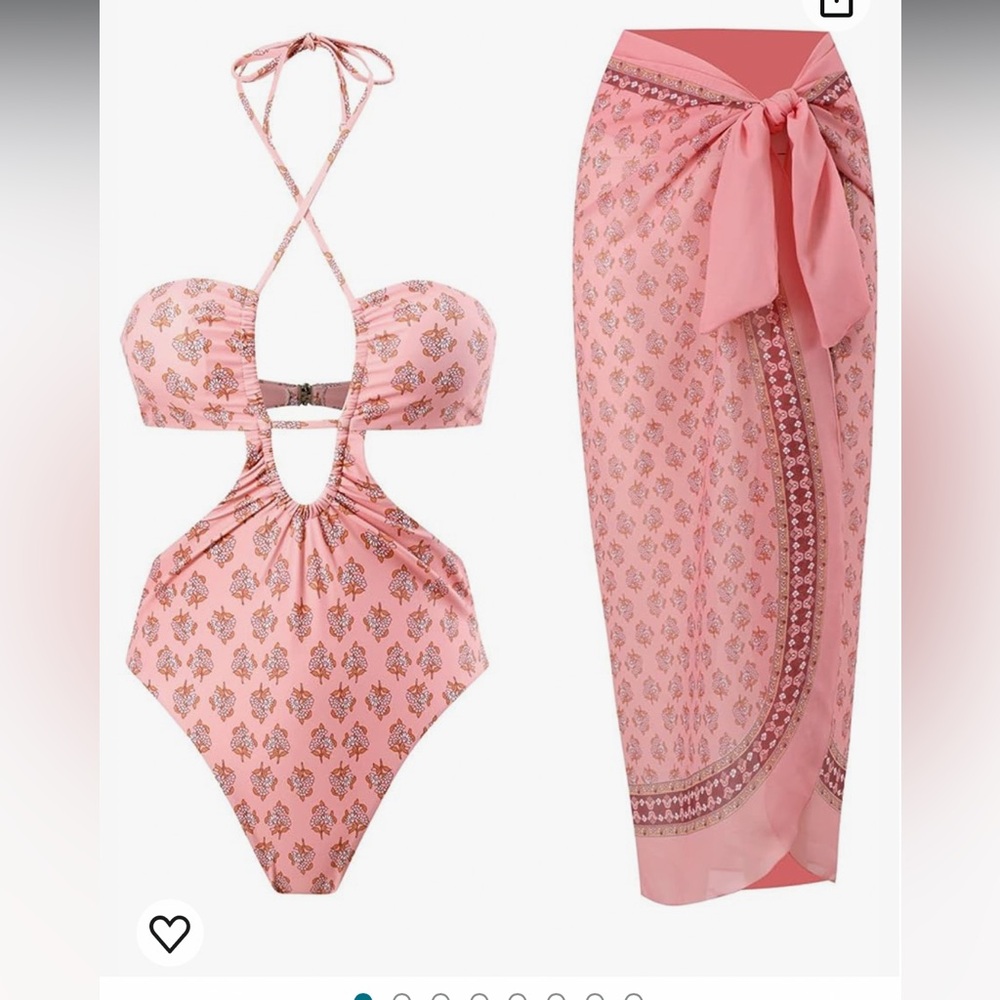 Pink Floral Cutout Swimsuit and Sarong Set